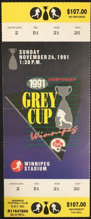 1991 Cfl Football Grey Cup Ticket Winnipeg Stadium Toronto Argos Vs Stampeders