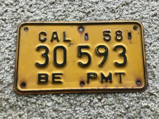 1958 California Be Pmt.  Metal License Plate.