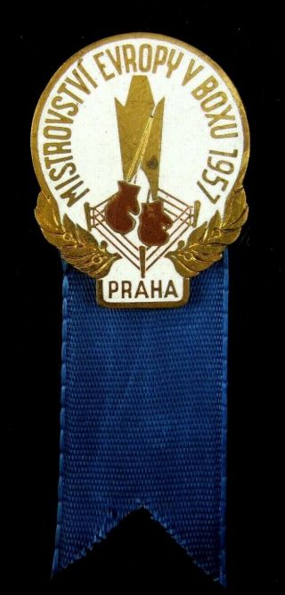 1957 European Boxing Championships In Prague Participant Badge With Ribbon