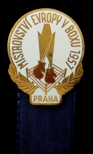 1957 European Boxing Championships in Prague Participant Badge with Ribbon 2
