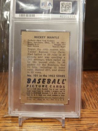 1952 Bowman 101 Mickey Mantle York Yankee PSA 3 Great Color NO CREASES 2