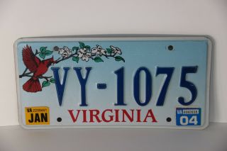 Virginia License Plate Red Bird Cardinal Vy - 1075