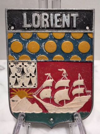 Vintage Town Of Lorient,  Brittany,  France Coat Of Arms Metal Plaque,  Car Badge