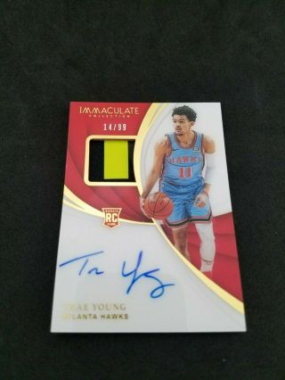 2018 - 19 Immaculate Trae Young True RPA 2CLR Patch 14/99 Auto RC Hawks 2