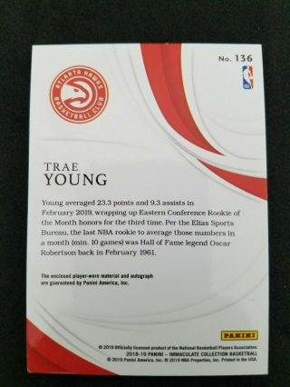 2018 - 19 Immaculate Trae Young True RPA 2CLR Patch 14/99 Auto RC Hawks 3