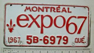 1967 Quebec Passenger License Plate 5b - 6979,  " Montreal And Expo67 " Slogans