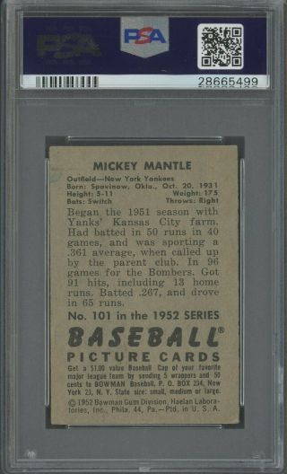 1952 Bowman 101 Mickey Mantle York Yankees HOF PSA 3 VG CENTERED 2