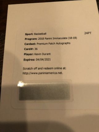 Kevin Durant 2018 - 19 Immaculate Premium Jumbo Patch Auto Redemption / 15