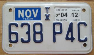 Texas 2012 Palo Pinto County Motorcycle License Plate 638 P4c