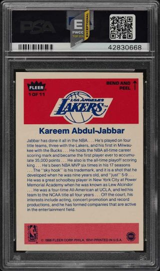 1986 Fleer Sticker Kareem Abdul - Jabbar 1 PSA 9 (PWCC - E) 2