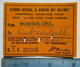 1967 Algoma Central & Hudson Bay Railway Dubreuilville Mosher Ontario Rr Ticket