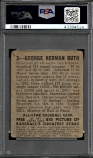 1948 Leaf 3 Babe Ruth PSA 2 GOOD 2