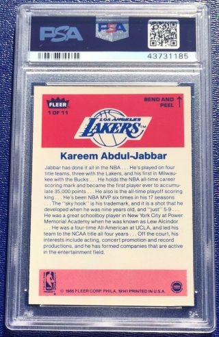 1986 Fleer Sticker Kareem Abdul - Jabbar 1 PSA 9 3