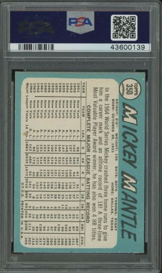 1976 Topps 350 Mickey Mantle York Yankees HOF PSA 7 NM 2