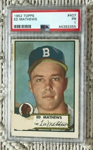 1952 Topps High 407 Eddie Mathews Hof Braves Rookie Card Psa 1