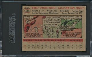1956 TOPPS MICKEY MANTLE 135 SGC 4 VG/EX York YANKEES Color 2