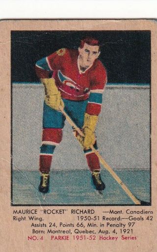 1951 - 52 1951 Parkhurst Hockey 4 Maurice Richard Rc Rookie,  Montreal Canadiens