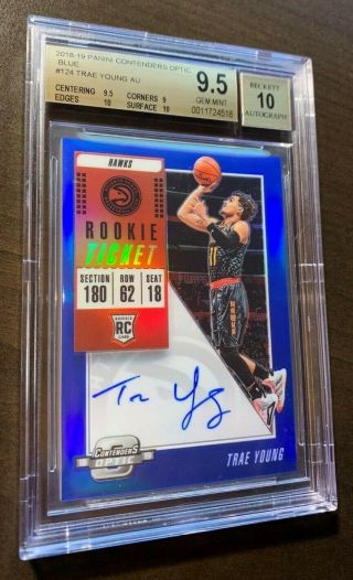 2018 Trae Young Rookie Auto /99 Prizm Blue Bgs 9.  5/10 Pop8 Contenders Optic Rc