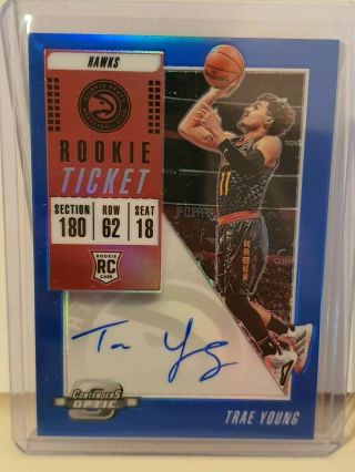 2018 - 19 Panini Contenders Optic Trae Young Blue Auto Rookie Rc /99