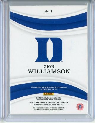 2019 - 20 Immaculate Collegiate ZION WILLIAMSON Patch ' d 1/1 ACC Conference Logo 2