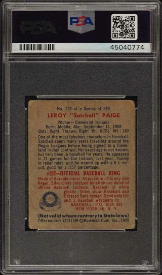 1949 Bowman Satchell Paige ROOKIE RC 224 PSA 2 GD (PWCC) 2