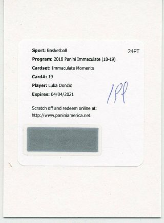 Luka Doncic 2018 - 19 Immaculate Moments Rc Auto /99 Redemption