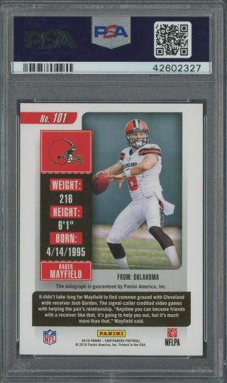 2018 Contenders Rookie Ticket Right Hand Baker Mayfield Browns RC AUTO PSA 10 2
