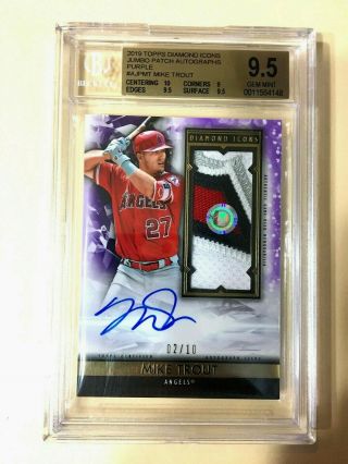 2019 Topps Diamond Icons Mike Trout Jumbo Patch Auto 2/10 Bgs 9.  5 Gem W/10