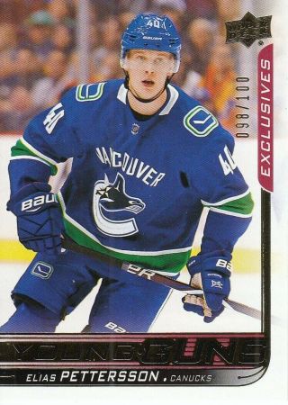 18 - 19 Ud Series 1 Elias Pettersson Rc Rookie Young Guns Exclusives 098/100
