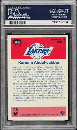 1986 Fleer Sticker Kareem Abdul - Jabbar 1 PSA 9 (PWCC) 2