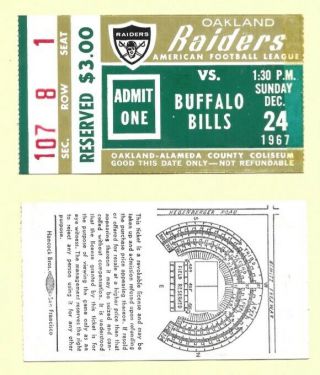 1967 Oakland Raiders Vs Buffalo Bills Afl Ticket Stub At The Oakland Coliseum