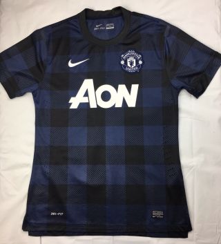 Manchester United Nike Away Jersey 2013 - 14 Kit Black Blue Gingham Mens Medium