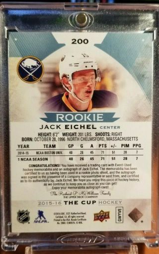 15 - 16 The Cup 18 - 19 inserted JACK EICHEL Rookie Patch Auto SP /99 Sabres WOW 2