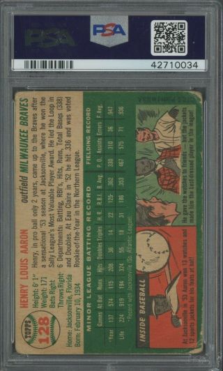 1954 Topps 128 Hank Aaron Milwaukee Braves RC Rookie HOF PSA 1.  5 ICONIC CARD 2