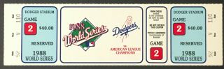 1988 World Series Game 2 Ticket Dodger Stadium Los Angeles Hershiser 3 Hits Mvp