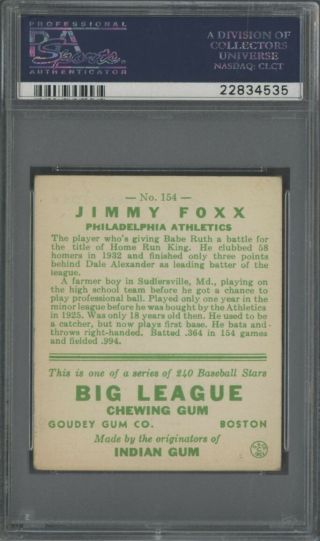 1933 Goudey 154 Jimmy Jimmie Foxx Philadelphia Athletics HOF PSA 4 VG - EX 2