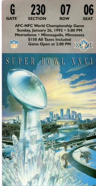 1992 Bowl Xxvi 26 Ticket Stub Metrodome Mineapolis Redskins & Buffalo Bill