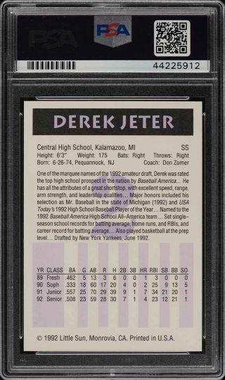 1992 Little Sun High School Prospects Derek Jeter ROOKIE RC 2 PSA 10 GEM (PWCC) 2