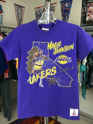 Vtg 90s Magic Johnson La Los Angeles Lakers Nutmeg Nba Tshirt Single Stitch