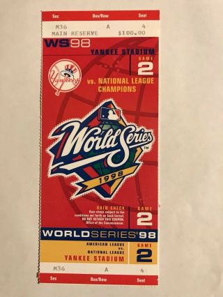 1998 World Series Game 2 Full Ticket Padres Yankees Yankee Stadium