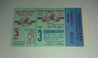 1956 World Series Game 3 Ticket Stub Yankees Vs Dodgers Grandstand Standing Room