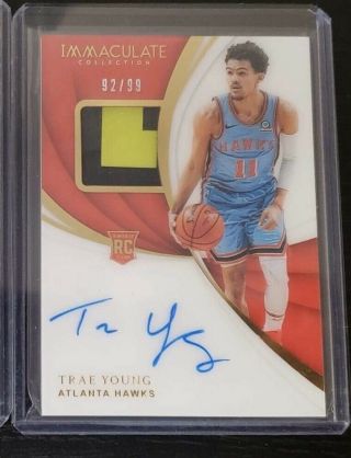 2018 - 19 Panini Immaculate Trae Young Patch On Card Auto Rc Rpa 92/99 Hawks