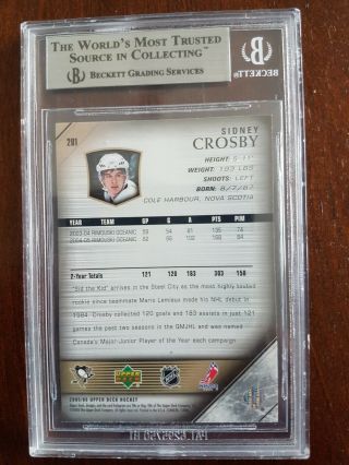 2005 - 06 UPPER DECK SIDNEY CROSBY 201 YOUNG GUNS ROOKIE GRADED 9 BGS 3