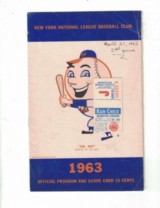 1963 Hank Aaron Hr - Milwaukee Braves At N.  Y.  Mets Program W/ticket Stub