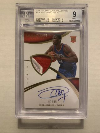 Joel Embiid 2014 - 15 Panini Immaculate Auto Rc Rookie Patch Auto Rpa /99 Bgs 9/10