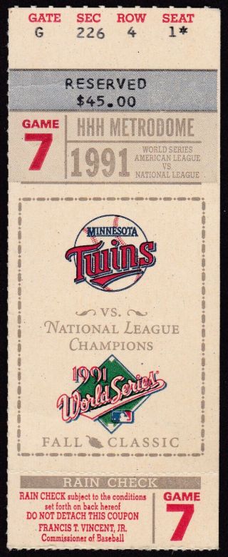1991 World Series Game 7 Ticket Stub - Twins Vs Braves