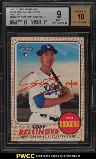 2017 Topps Heritage Real One Red Ink Cody Bellinger Rookie Auto /68 Bgs 9 (pwcc)