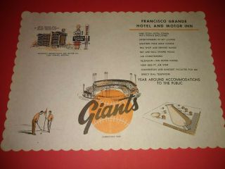 Rare 1960 To 1970’s San Francisco Giants Francisco Grande Hotel Food Place Mat