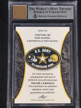 TREVOR LAWRENCE 2018 LEAF US ARMY ALL - AMERICAN TOUR WHITE AUTOGRAPH BGS 9 (10) 2