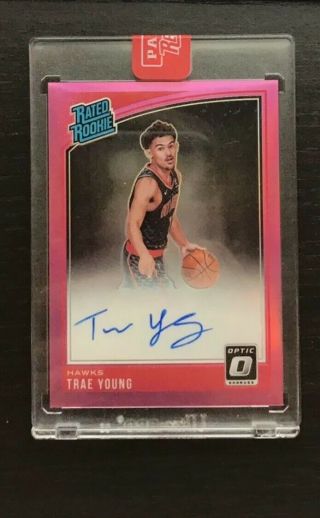 Trae Young 2018 - 19 Donruss Optic Rated Rookie RC PINK Prizm Autograph Auto d/25 3